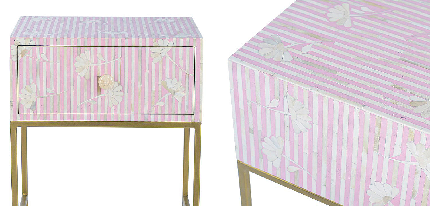 Pink Flower Indian Bone Inlay Nightstand