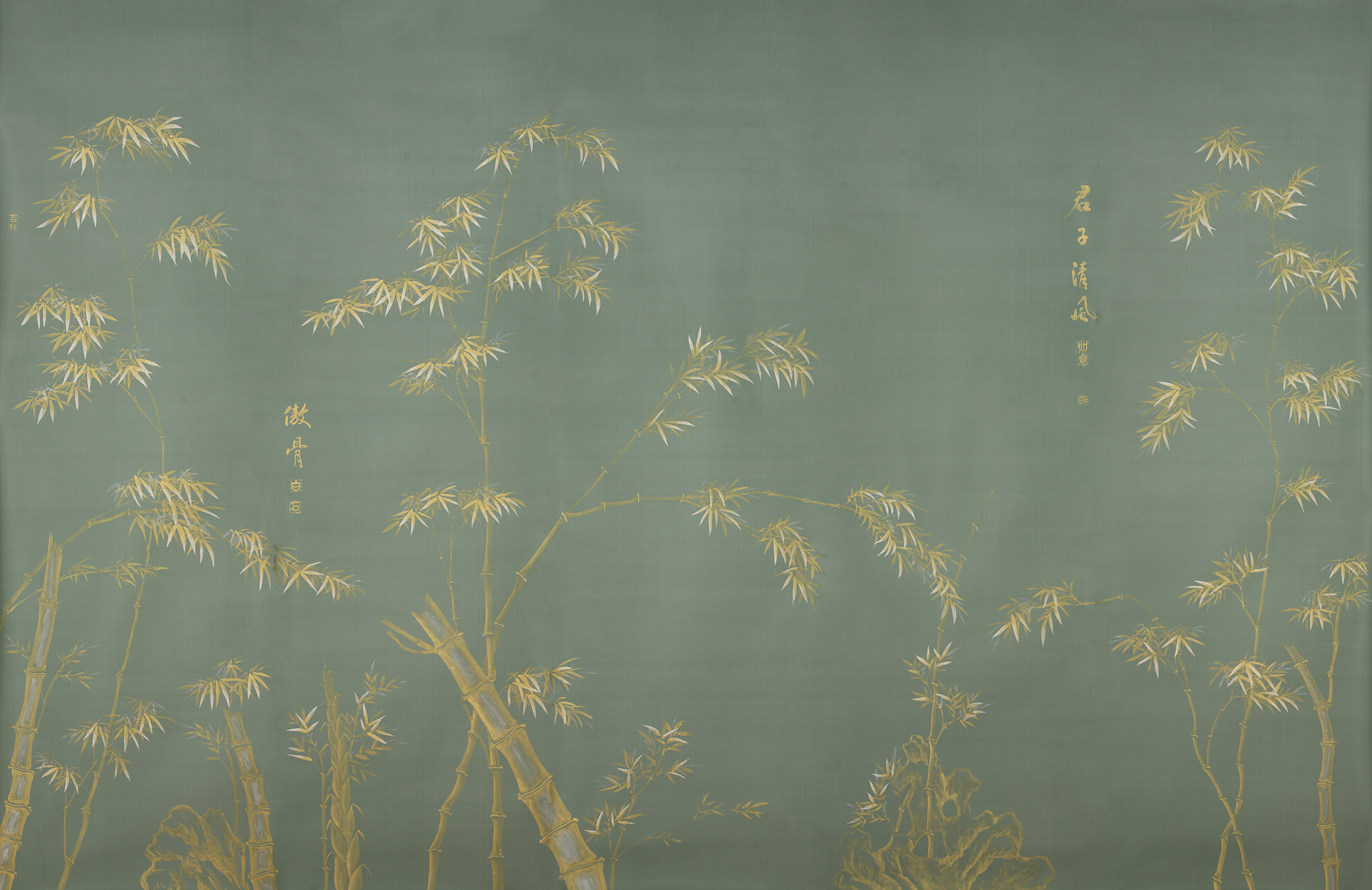 Обои ручная роспись Bamboo Golden on Blue grey dyed silk Обои ручная роспись Bamboo Golden on Blue grey dyed silk - постер Loft-Concept в Краснодаре