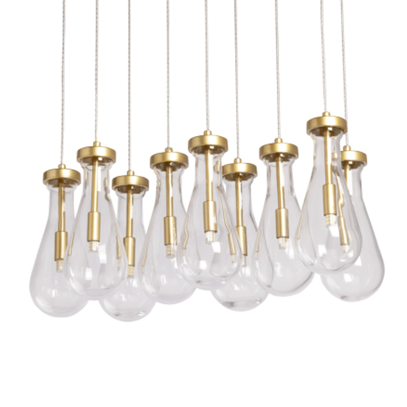 Люстра с 9-ю прозрачными стеклянными плафонами в форме капли Lucid Rain  Золотой Прозрачный в Краснодаре | Loft Concept 
