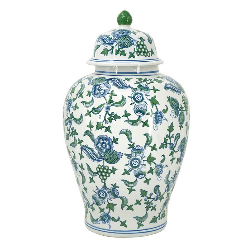 Ваза с крышкой и зелено-голубым цветочным узором на белом фоне Blue & White Ornament Белый Синий Ваза с крышкой и зелено-голубым цветочным узором на белом фоне Blue & White Ornament Белый Синий в Краснодаре | Loft Concept