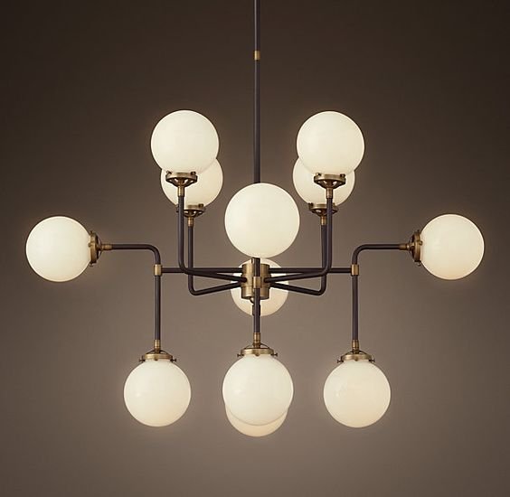 Люстра RH Bistro Globe Milk Glass 12-Light Chandelier Латунь Черный Белый в Краснодаре | Loft Concept 