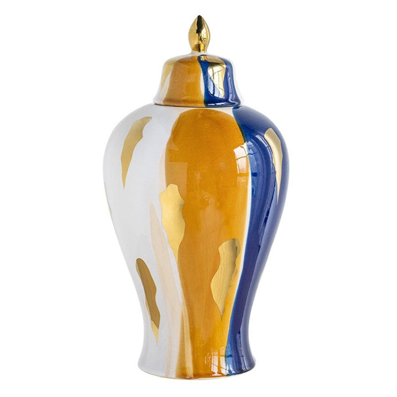 Ваза с крышкой и мазками синего и золого цвета на белом фоне Chinoiserie Ceramics Белый Оранжевый Золотой Синий Ваза с крышкой и мазками синего и золого цвета на белом фоне Chinoiserie Ceramics Белый Оранжевый Золотой Синий в Краснодаре | Loft Concept
