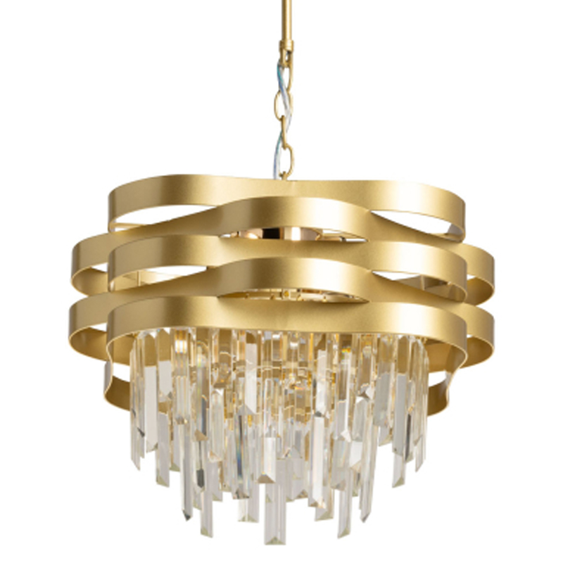 Люстра цвета матового золота с металлическими лентами и длинными прозрачными подвесками Gilded Waves Золотой Прозрачный в Краснодаре | Loft Concept 