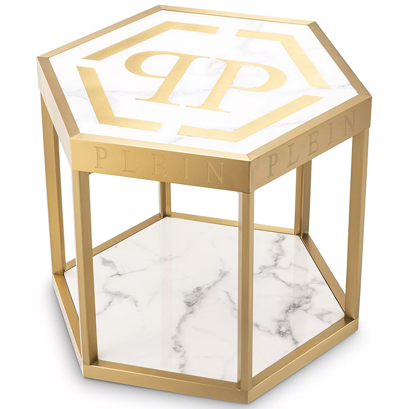 Приставной стол Philipp Plein Side Table Billionaire Золотой Белый Мрамор Bianco в Краснодаре | Loft Concept 