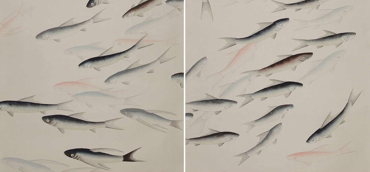 Обои ручная роспись Fishes Blue Pearl on Icefield dyed silk - фото