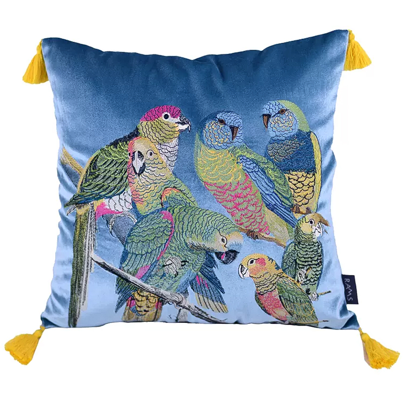 Декоративная подушка с вышивкой Embroidery Parrots Pillow Blue Голубой Мульти в Краснодаре | Loft Concept 