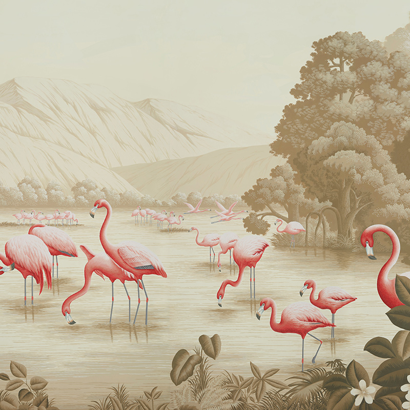 Обои ручная роспись Flamingos Flamingo on Sepia scenic paper  в Краснодаре | Loft Concept 