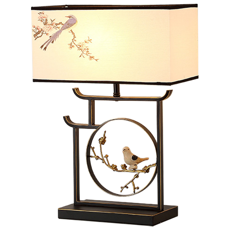 Настольная лампа с абажуром Bird Chinese Style Modern Table Lamp Черный Бежевый Золотой в Краснодаре | Loft Concept 