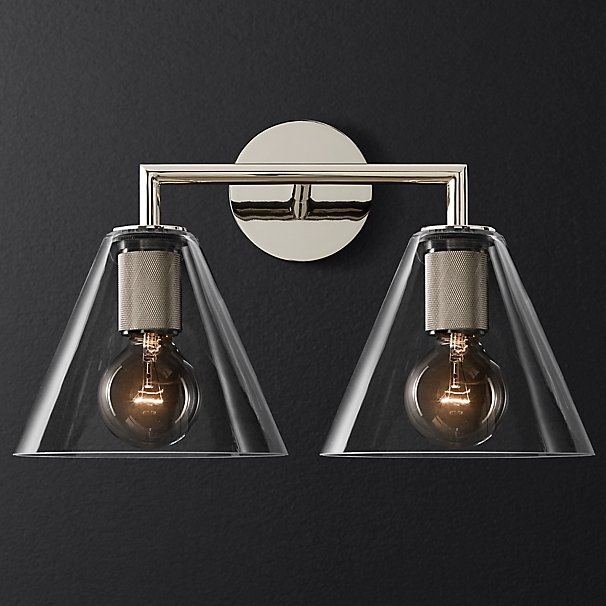 Бра RH Utilitaire Funnel Shade Double Sconce Silver Прозрачное Стекло Никель в Краснодаре | Loft Concept 