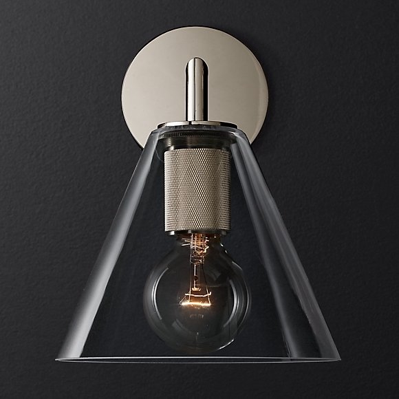 Бра RH Utilitaire Funnel Shade Single Sconce Silver Прозрачное Стекло Никель в Краснодаре | Loft Concept 