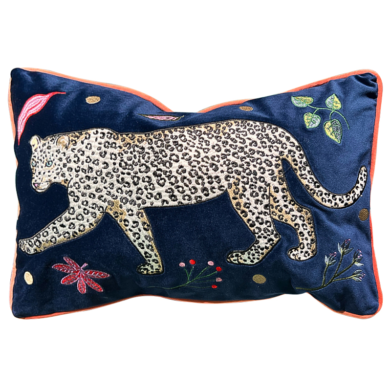 Декоративная подушка с вышивкой Panther Embroidery Cushion Темно-синий Мульти в Краснодаре | Loft Concept 