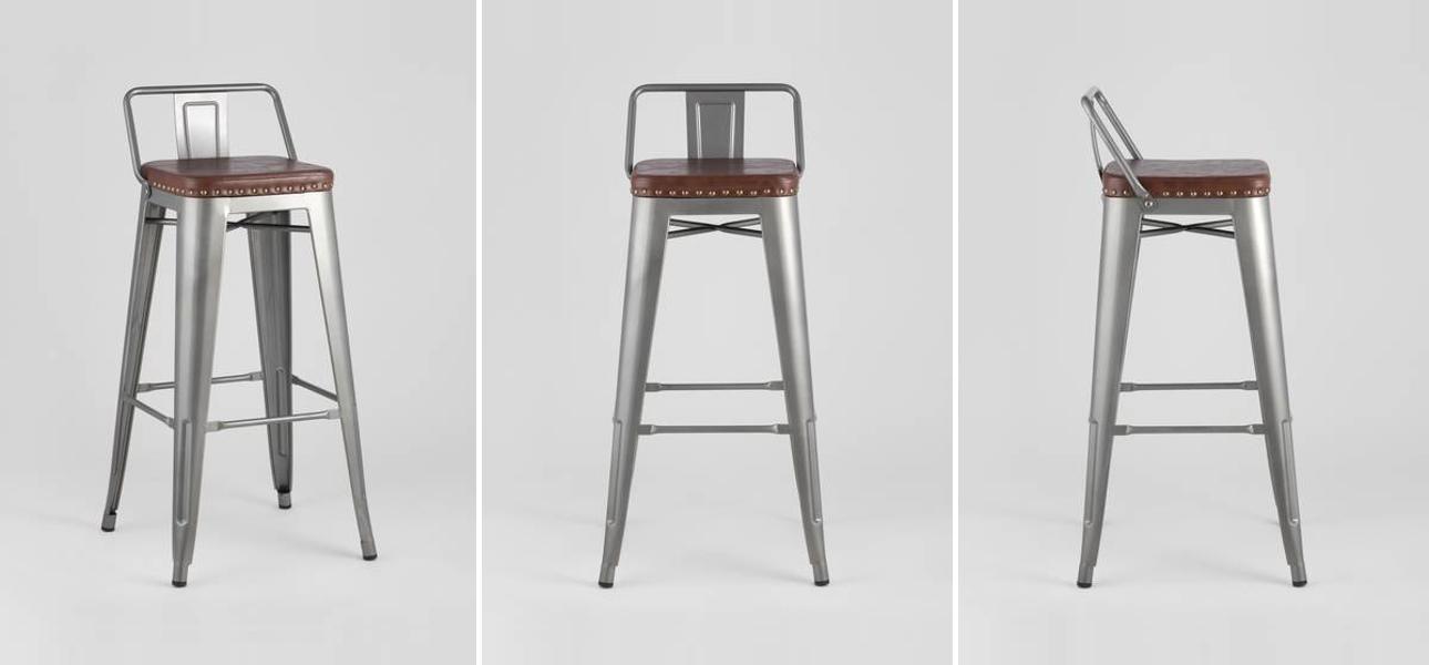 Барный Стул Tolix Серебристый Металл Сидение Коричневая Экокожа - фото