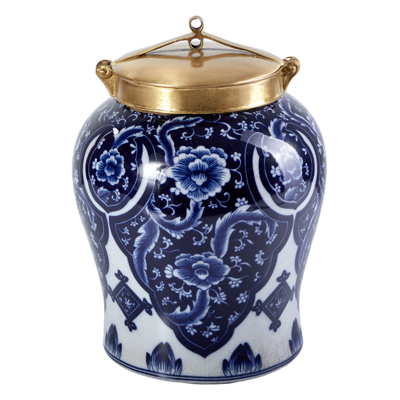 Ваза с насыщенным синим орнаментом и золотой крышкой Blue & White Ornament Белый Синий Золотой Ваза с насыщенным синим орнаментом и золотой крышкой Blue & White Ornament Белый Синий Золотой в Краснодаре | Loft Concept