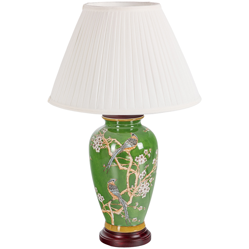 Настольная лампа с абажуром Birds Green Chinoiserie Lampshade Зеленый Белый Коричневый в Краснодаре | Loft Concept 