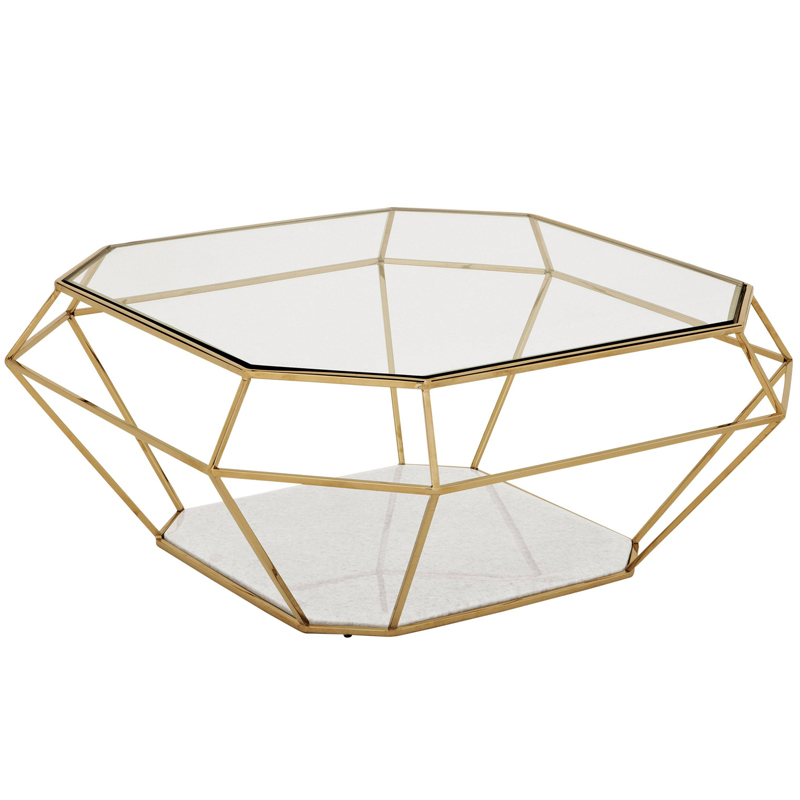 Кофейный стол Eichholtz Coffee Table Asscher Золотой Прозрачный Белый Мрамор Bianco в Краснодаре | Loft Concept 