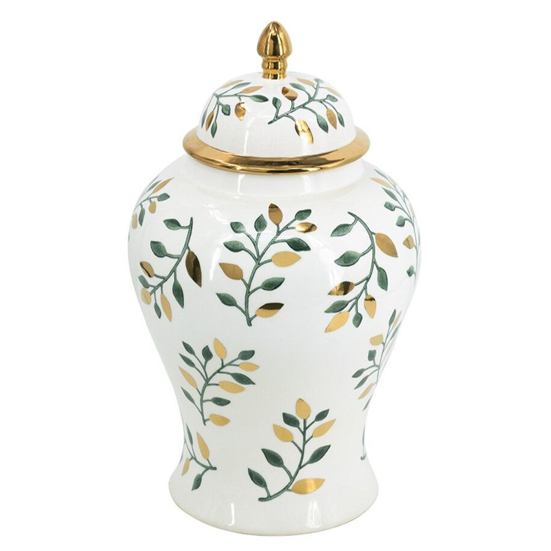 Ваза белая с крышкой с рисунком зеленых и золотых листьев 48 см Chinoiserie Ceramics Белый Зеленый Золотой Ваза белая с крышкой с рисунком зеленых и золотых листьев 48 см Chinoiserie Ceramics Белый Зеленый Золотой в Краснодаре | Loft Concept