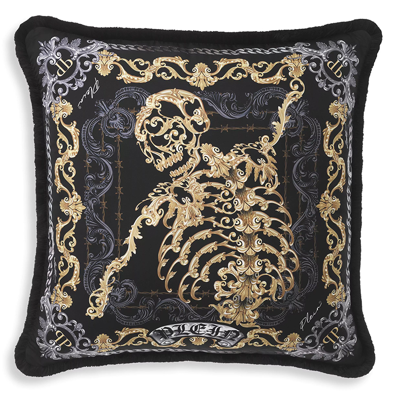 Подушка Philipp Plein Cushion Silk Skeleton 70 x 70 cm Черный Золотой Серый в Краснодаре | Loft Concept 