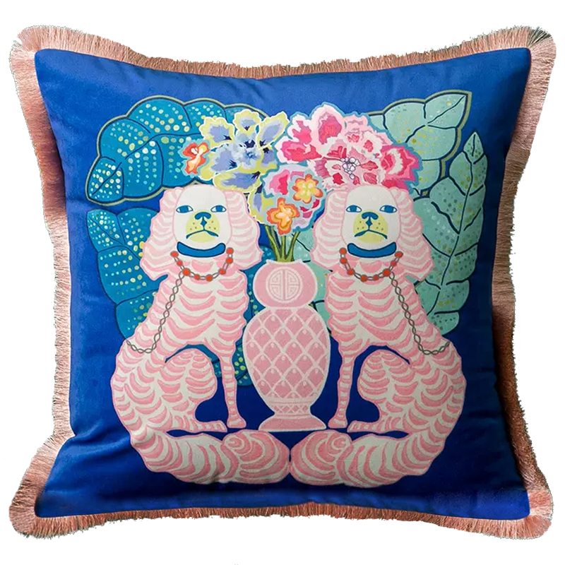 Декоративная подушка Two Pink Dogs on Blue Cushion Синий Розовый Мульти в Краснодаре | Loft Concept 