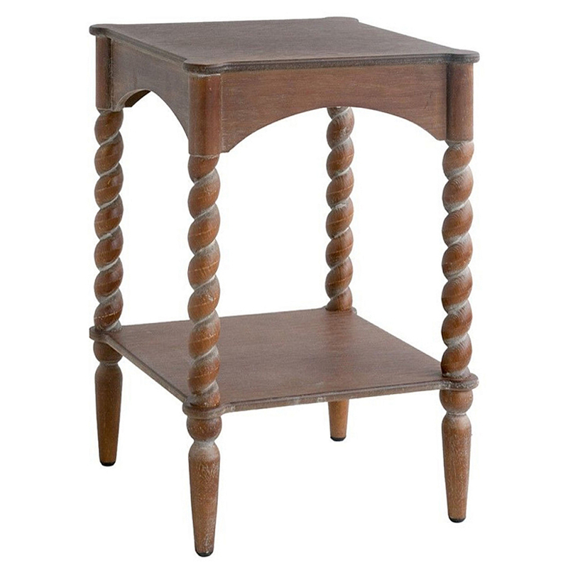 Приставной столик деревянный с резными ножками и нижней полкой Vintage Side Table Brown Wood Коричневый в Краснодаре | Loft Concept 