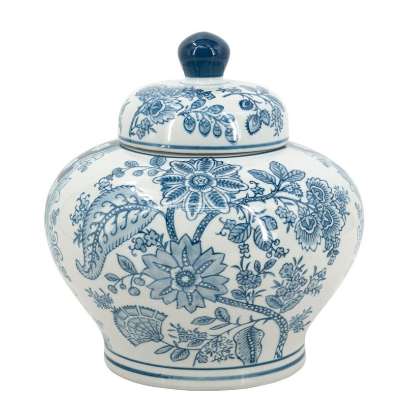 Ваза с крышкой и синим узором в виде цветов и листьев Blue & White Ornament Белый Синий Ваза с крышкой и синим узором в виде цветов и листьев Blue & White Ornament Белый Синий в Краснодаре | Loft Concept