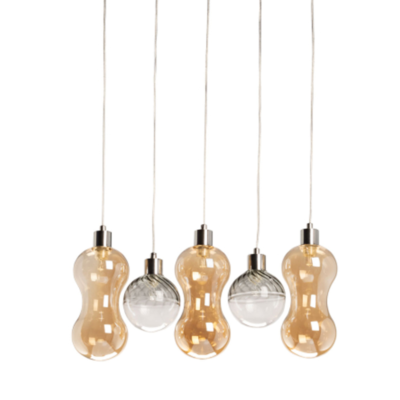 Люстра с 3-мя плафонами волнообразной формы цвета янтарь и 2-мя прозрачными шарообразными плафонами Lucid Rain  Черный Прозрачный Янтарный в Краснодаре | Loft Concept 