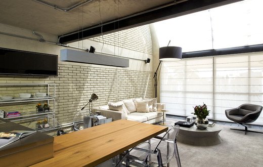 индастриал, лофт, спальная, гостинная, металл, свнетлая, черный, желтый