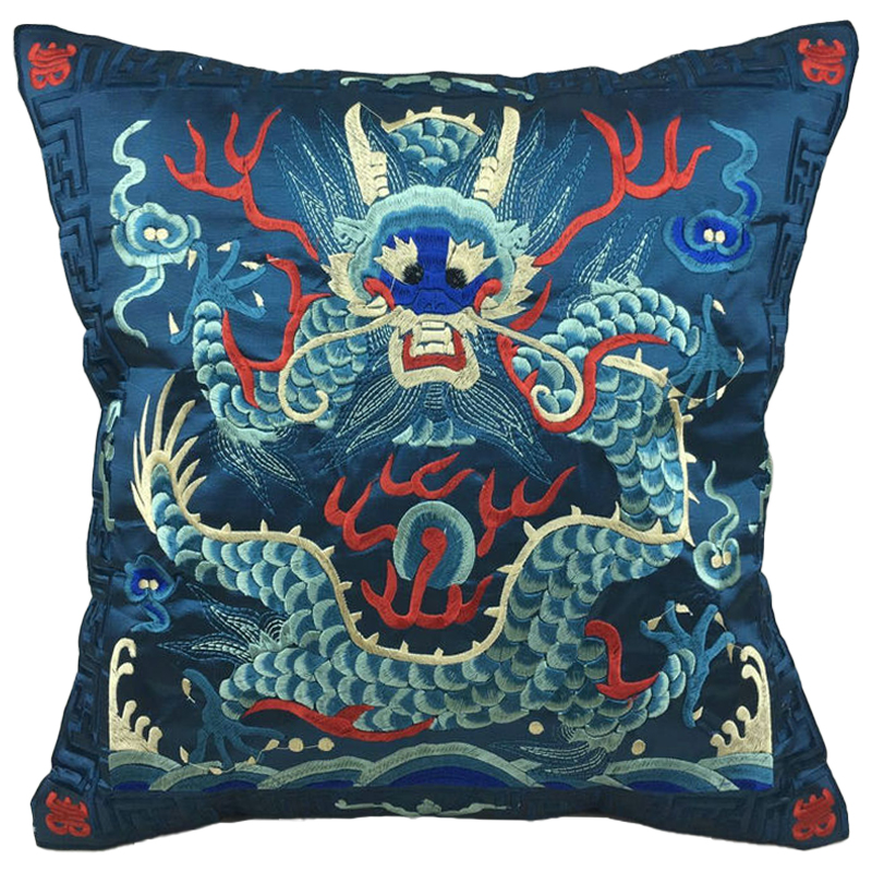 Декоративная подушка с вышивкой Chinese Dragon Blue Мульти Синий в Краснодаре | Loft Concept 