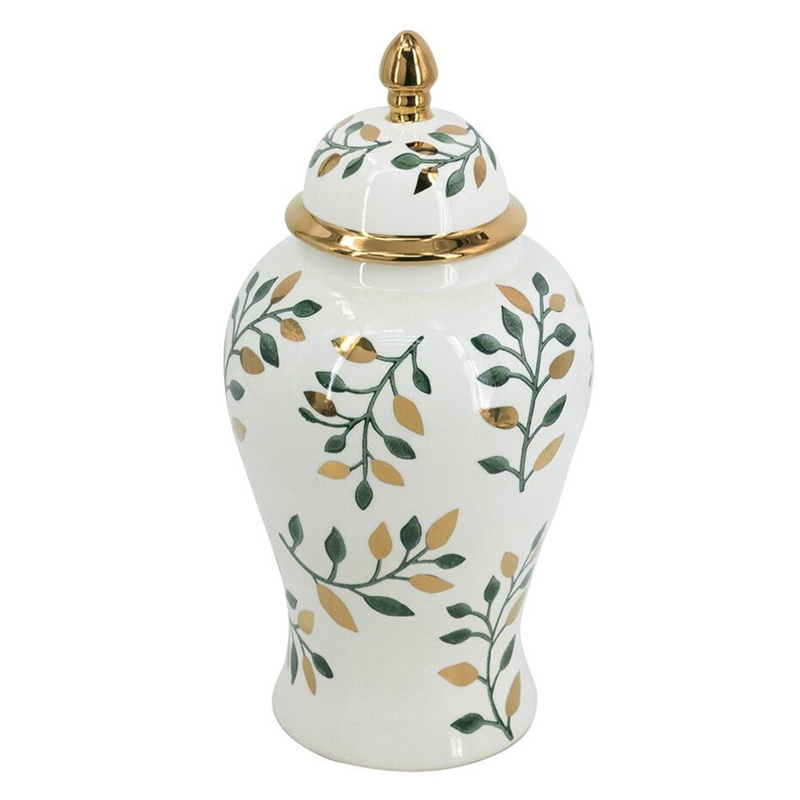 Ваза белая с крышкой с рисунком зеленых и золотых листьев 40 см Chinoiserie Ceramics Белый Зеленый Золотой Ваза белая с крышкой с рисунком зеленых и золотых листьев 40 см Chinoiserie Ceramics Белый Зеленый Золотой в Краснодаре | Loft Concept