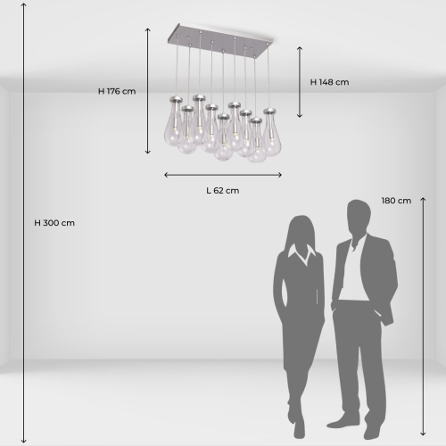 Люстра с 9-ю прозрачными плафонами из стекла в форме капли на прямоугольном потолочном основании цвета хром Lucid Rain  в Краснодаре