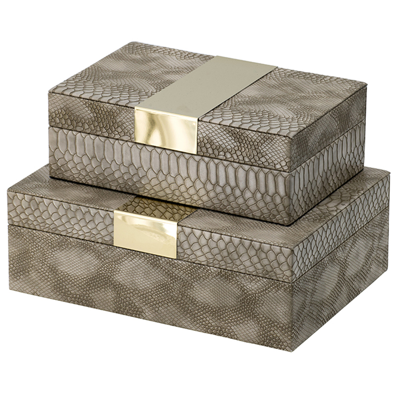 Комплект шкатулок Imitation Snakeskin Boxes Бежево-серый Глянцевое золото в Краснодаре | Loft Concept 