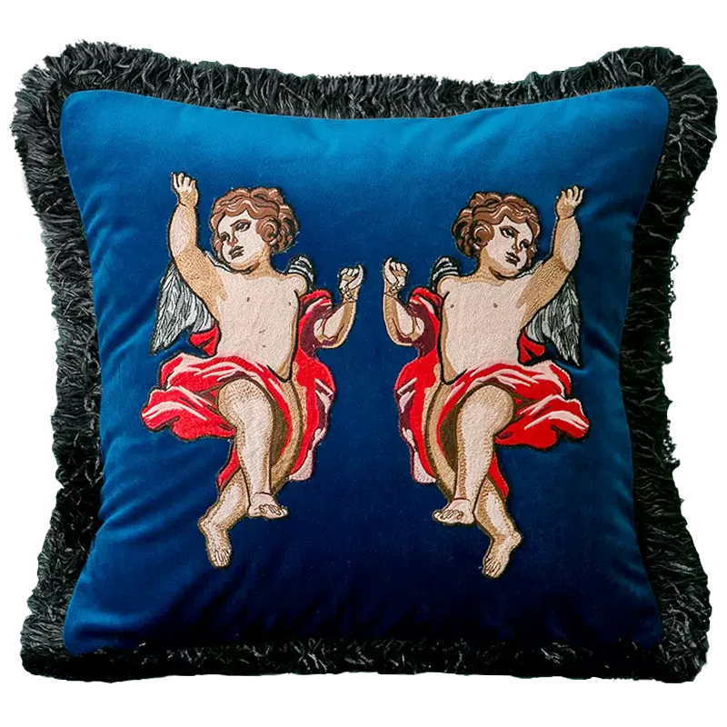 Декоративная подушка с вышивкой Стиль Gucci Angels Cushion Blue Синий Мульти в Краснодаре | Loft Concept 