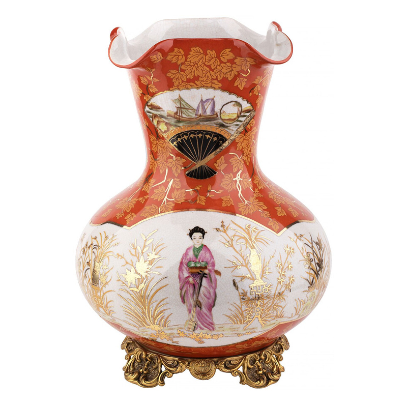 Ваза красного цвета с рисунком Chinoiserie Ceramics Белый Красный Бронза Ваза красного цвета с рисунком Chinoiserie Ceramics Белый Красный Бронза в Краснодаре | Loft Concept