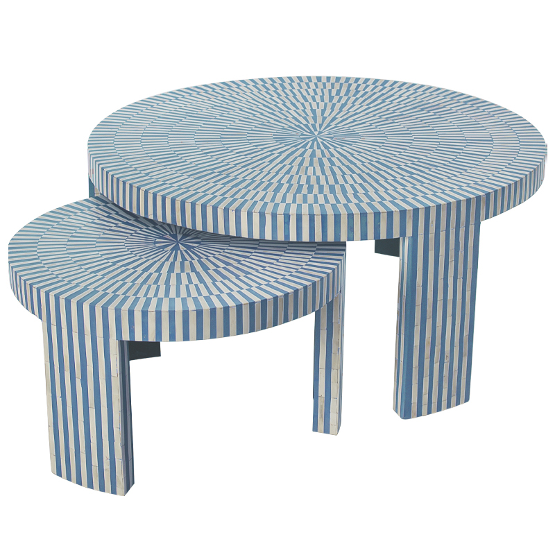 Комплект журнальных столов с инкрустацией Stripes Set of two tables blue Белый Голубой в Краснодаре | Loft Concept 