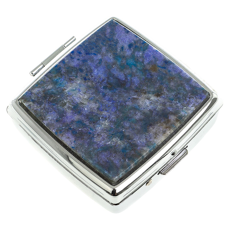 Таблетница карманная квадратная c 2-мя отделениями с зеркалом и накладкой из натурального камня Лазурит Silver Stone Pillboxes Серебряный Синий Серый в Краснодаре | Loft Concept 