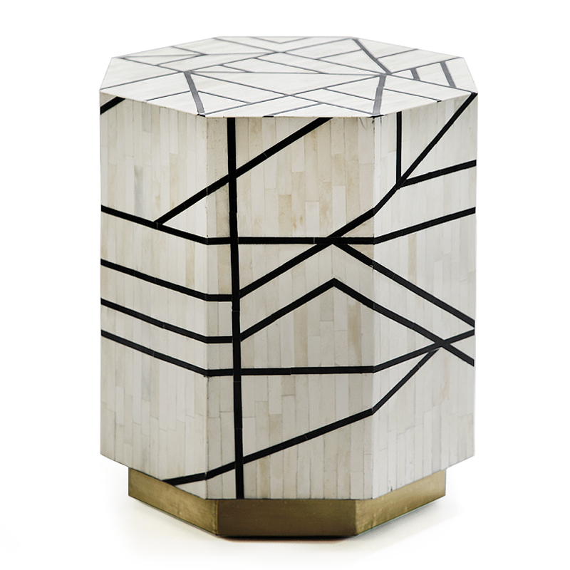 Приставной столик с инкрустацией Black and White Geometry bone bedside table ivory ( слоновая кость ) Черный в Краснодаре | Loft Concept 