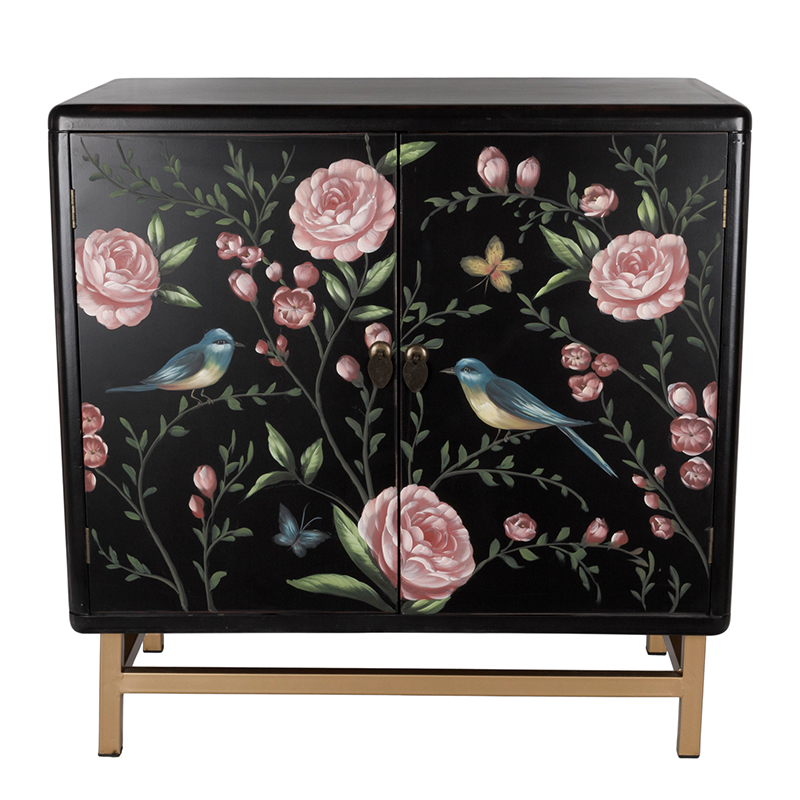 Комод с росписью птицы и цветы Black Chest Of Drawers Peonies Черный Черный Золотой Мульти в Краснодаре | Loft Concept 