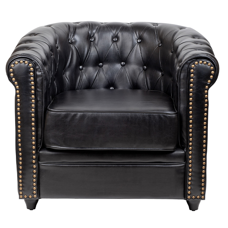 Кресло кожаное с мягкими подлокотниками на 4-х деревянных ножках Logan Leather Armchair black Черный в Краснодаре | Loft Concept 