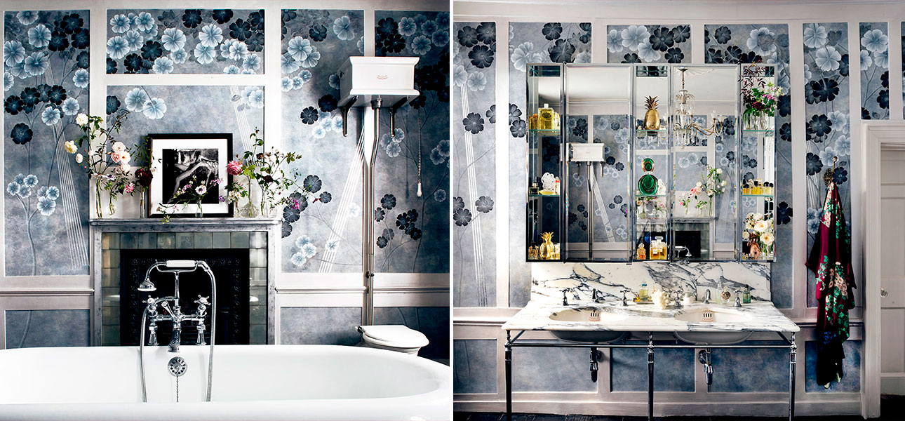 Обои ручная роспись Anemones in Light Dusk colourway on Smoke painted Xuan paper - фото