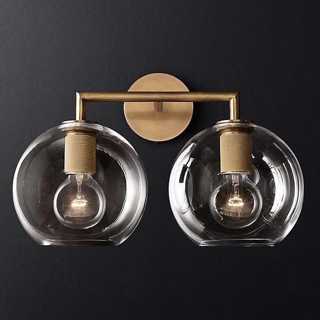 Бра RH Utilitaire Globe Shade Double Sconce Brass Прозрачное Стекло Латунь в Краснодаре | Loft Concept 