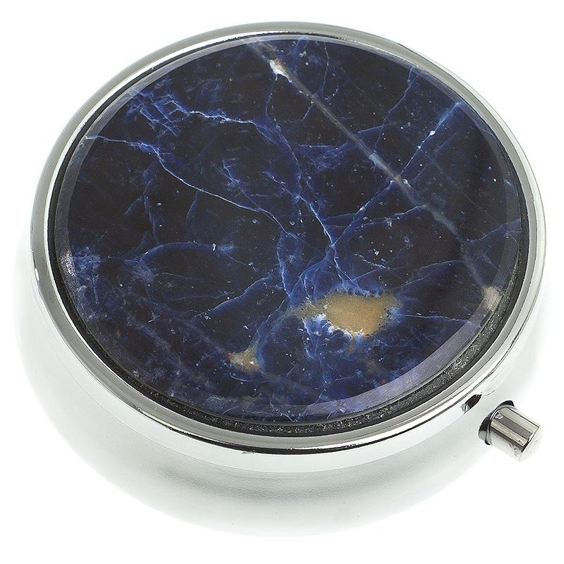 Таблетница карманная круглая с 3-мя отделениями с зеркалом и накладкой из натурального камня Содалит Silver Stone Pillboxes Темно-синий Серебряный в Краснодаре | Loft Concept 