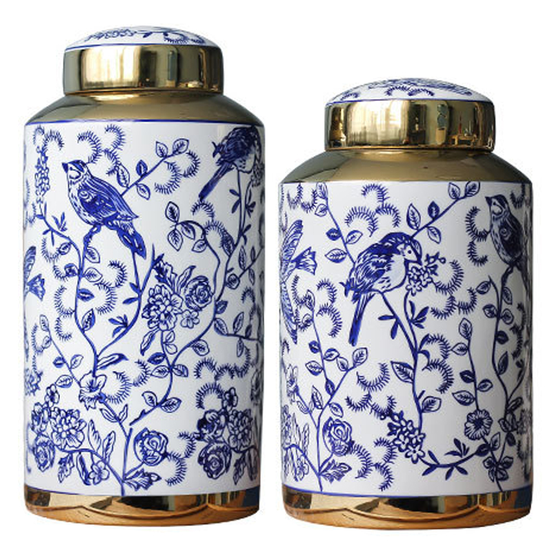 Вазы Ceramic Oriental Blue Ornament Birds Vases Синий Белый Золотой в Краснодаре | Loft Concept 