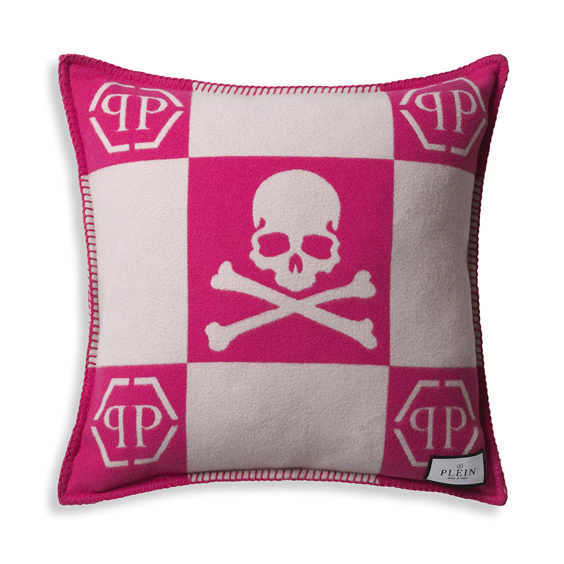 Подушка Philipp Plein Cushion Cashmere Skull 45 x 45 Pink Розовый Белый в Краснодаре | Loft Concept 