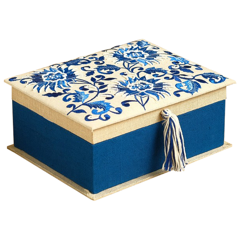 Шкатулка с вышивкой Blue Flowers Beads Embroidery Box Бежевый Синий Голубой в Краснодаре | Loft Concept 