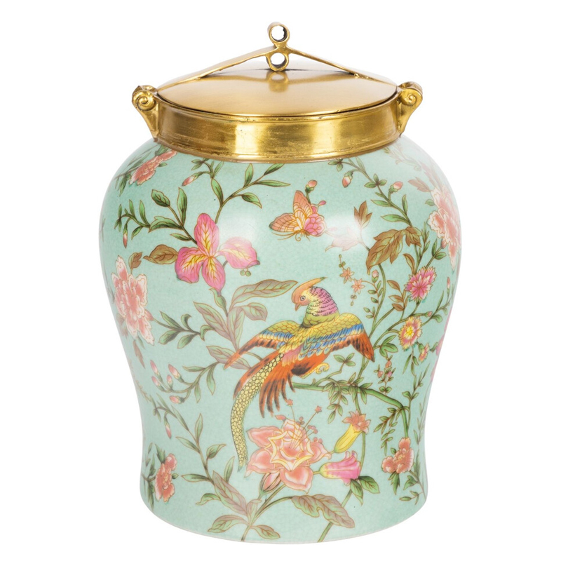 Ваза округлой формы из фарфора с рисунком и бронзовой крышкой Turquoise Blooming Garden Мульти Бронза Бирюзовый Ваза округлой формы из фарфора с рисунком и бронзовой крышкой Turquoise Blooming Garden Мульти Бронза Бирюзовый в Краснодаре | Loft Concept