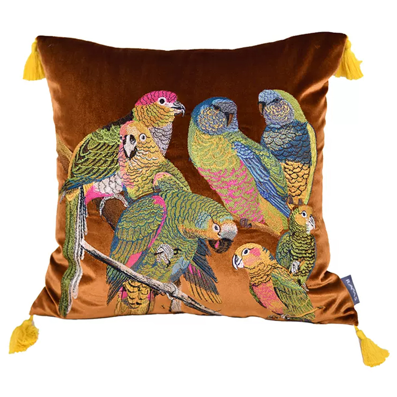 Декоративная подушка с вышивкой Embroidery Parrots Pillow Brown Коричневый Мульти в Краснодаре | Loft Concept 