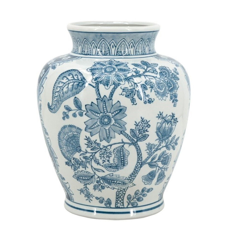 Ваза округлой формы белого цвета с синим растительным узором Blue & White Ornament Белый Синий Ваза округлой формы белого цвета с синим растительным узором Blue & White Ornament Белый Синий в Краснодаре | Loft Concept