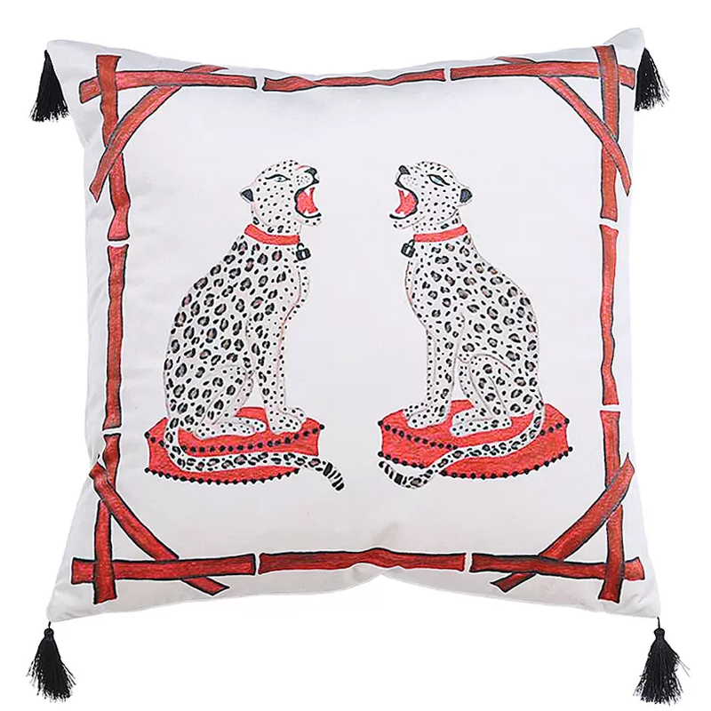 Декоративная подушка Стиль Gucci Two Cheetahs Cushion Белый Красный Черный в Краснодаре | Loft Concept 