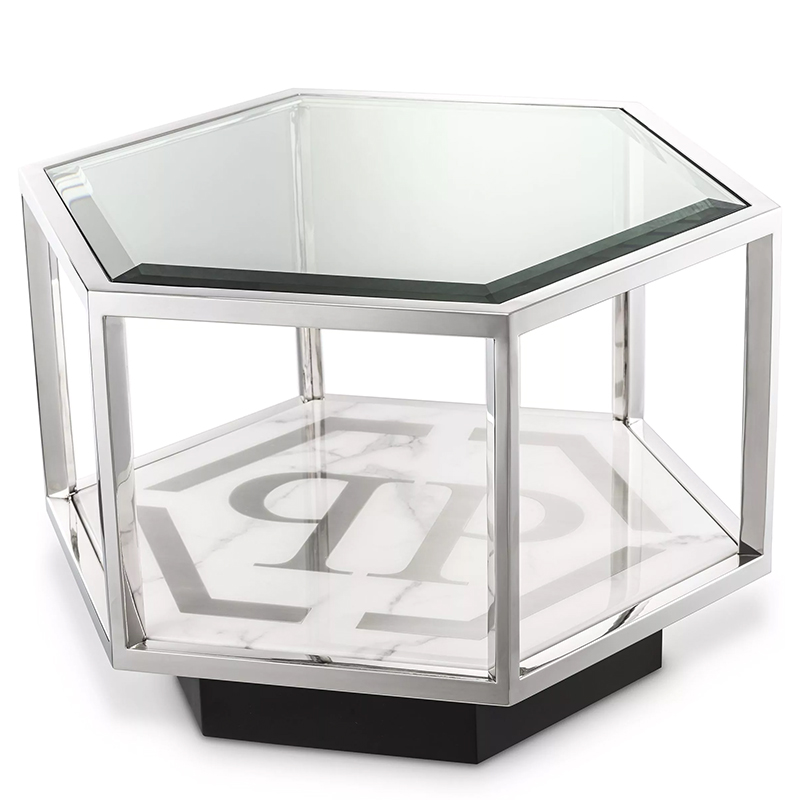 Приставной стол Philipp Plein Side Table Falcon View Chrome Хром Белый Мрамор Bianco Серый Черный Прозрачное Стекло в Краснодаре | Loft Concept 