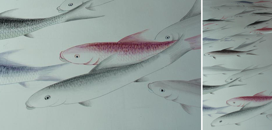 Обои "Рыбы" ручная роспись на серебряной фольге Wallpaper Fish hand-painted - Loft-Concept в Краснодаре