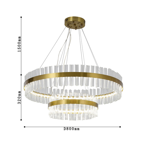 Люстра подвесная двухъярусная с золотистымыми кольцами и прозрачными стеклянными элементами Ring Horizontal в Краснодаре